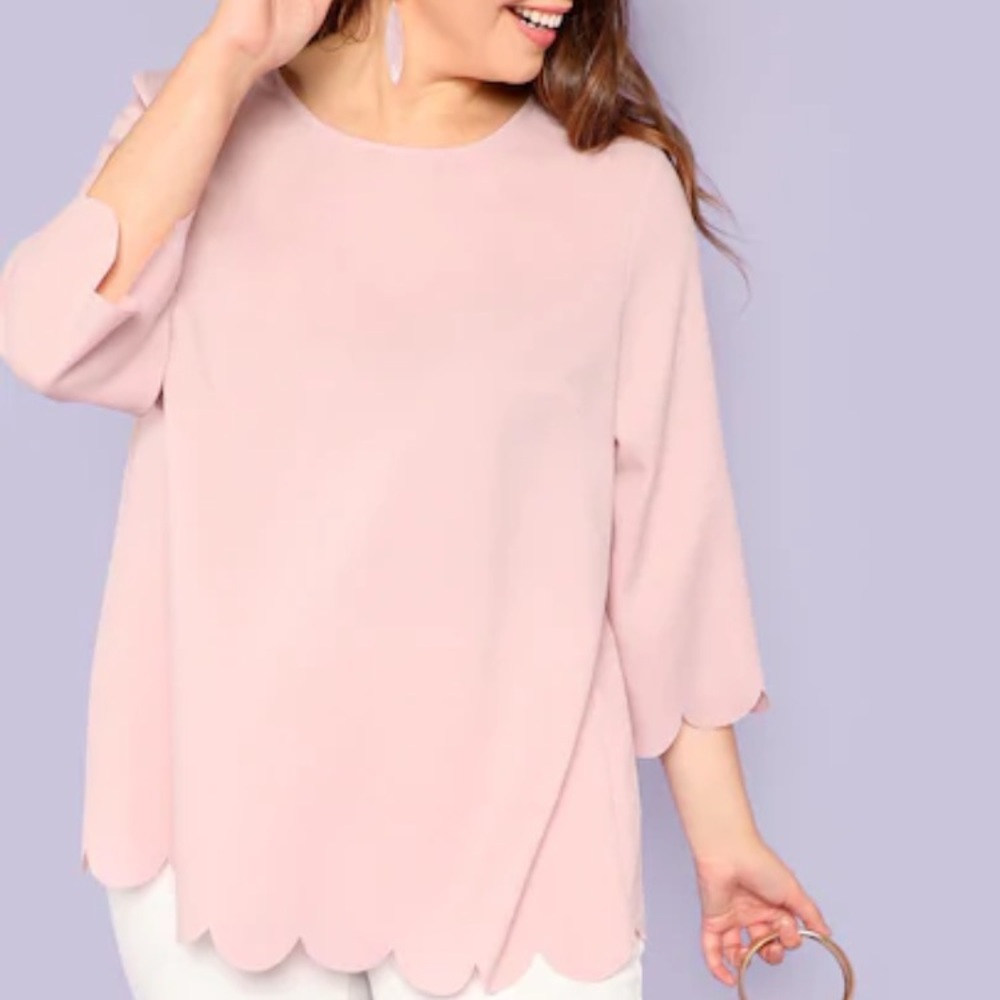 Plus Size Button Back Scallop Edge Top